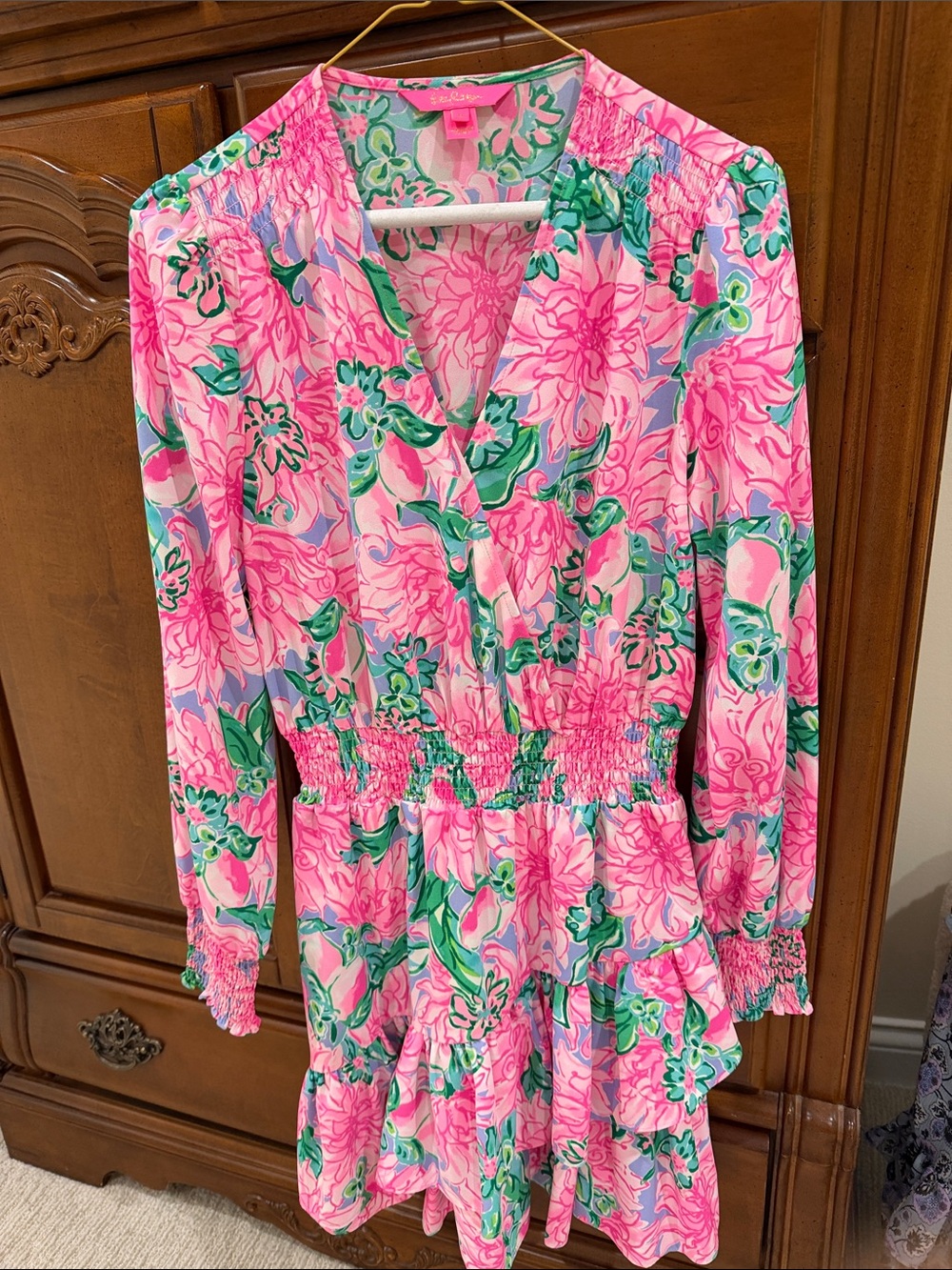 Lilly Pulitzer Pink Floral Long-Sleeve Romper with Green Accents